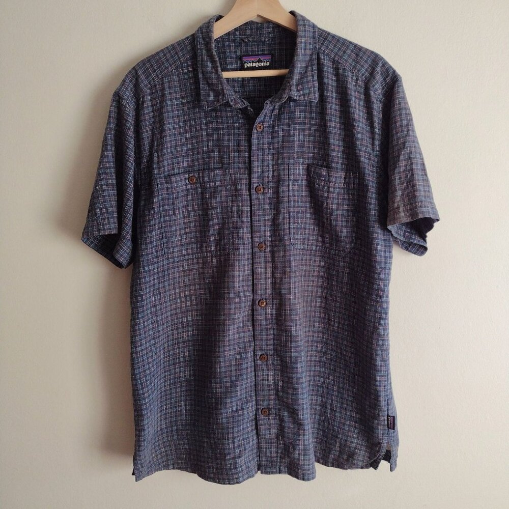 Patagonia Mens Button Front Shirt L Hemp Organic Cotton Blue Paid Button Front